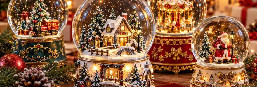 Festliche Schneekugeln mit verschneitem Haus, Weihnachtszug, Karussell und Weihnachtsmann als hochwertige Winterdekoration
